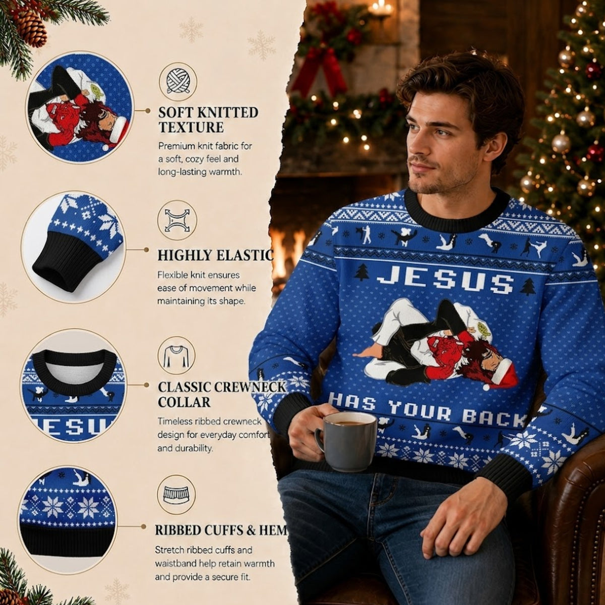 Jesus Has Your Back Jiu Jitsu Ugly Christmas Sweater - Funny Holiday Knit Print