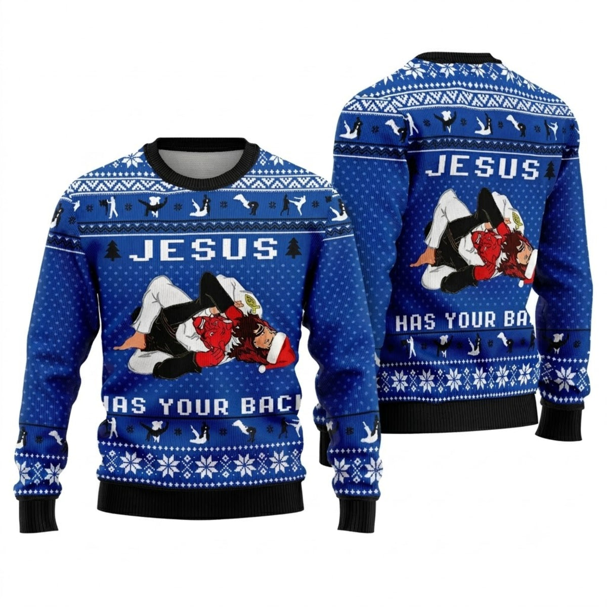 Jesus Has Your Back Jiu Jitsu Ugly Christmas Sweater - Funny Holiday Knit Print