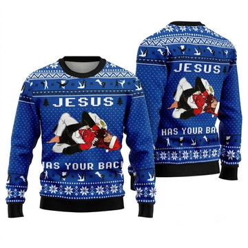 Jesus Has Your Back Jiu Jitsu Ugly Christmas Sweater - Funny Holiday Knit Print