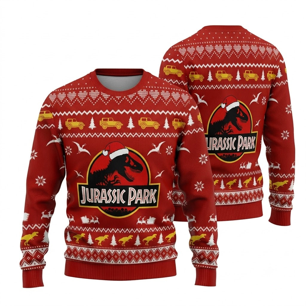 Prehistoric Dinosaur Island Safari Ugly Christmas Sweater - Ancient Isla Holiday Knit Print