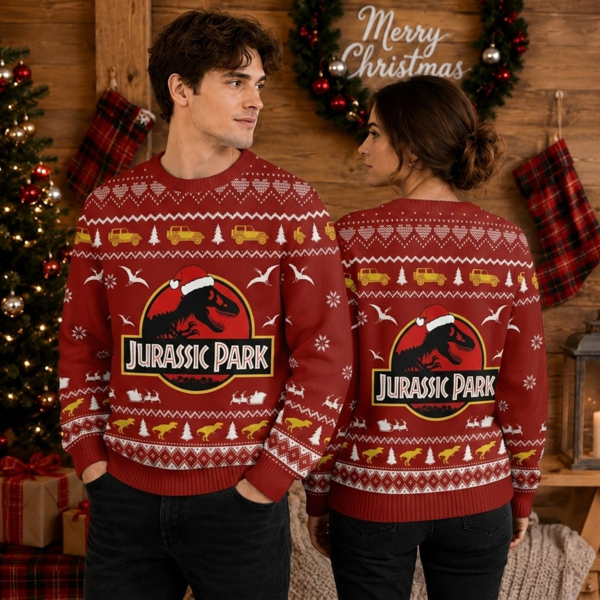 Prehistoric Dinosaur Island Safari Ugly Christmas Sweater - Ancient Isla Holiday Knit Print