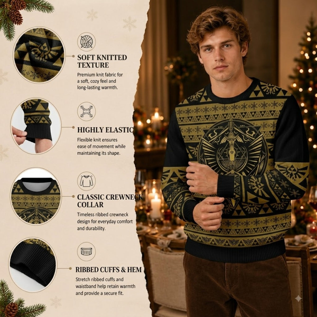 Green Tunic Elf Warrior Sword Ugly Christmas Sweater - Fantasy Hero Holiday Knit Print