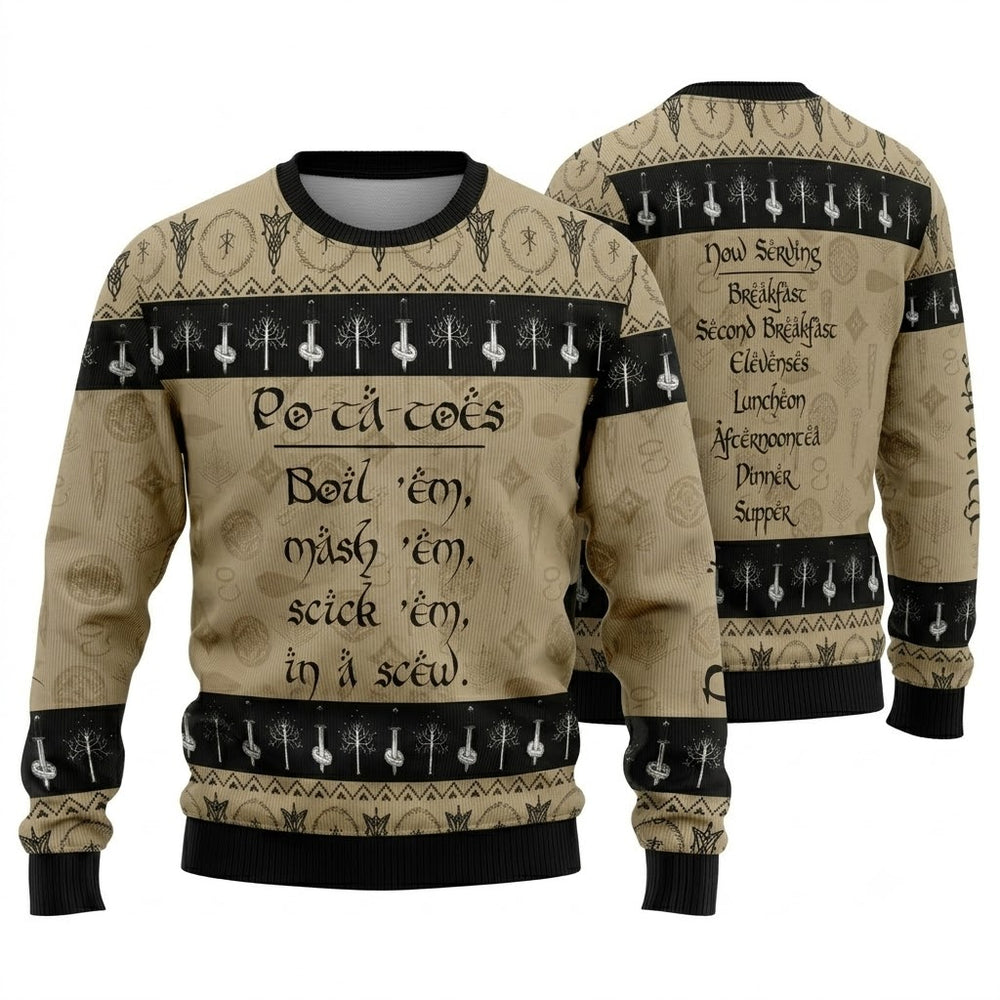 Halfling Second Breakfast Po-Ta-Toes Ugly Christmas Sweater - Fantasy Food Holiday Knit Print