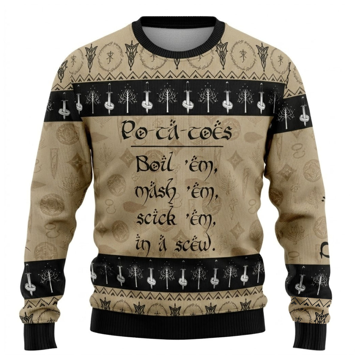 Halfling Second Breakfast Po-Ta-Toes Ugly Christmas Sweater - Fantasy Food Holiday Knit Print