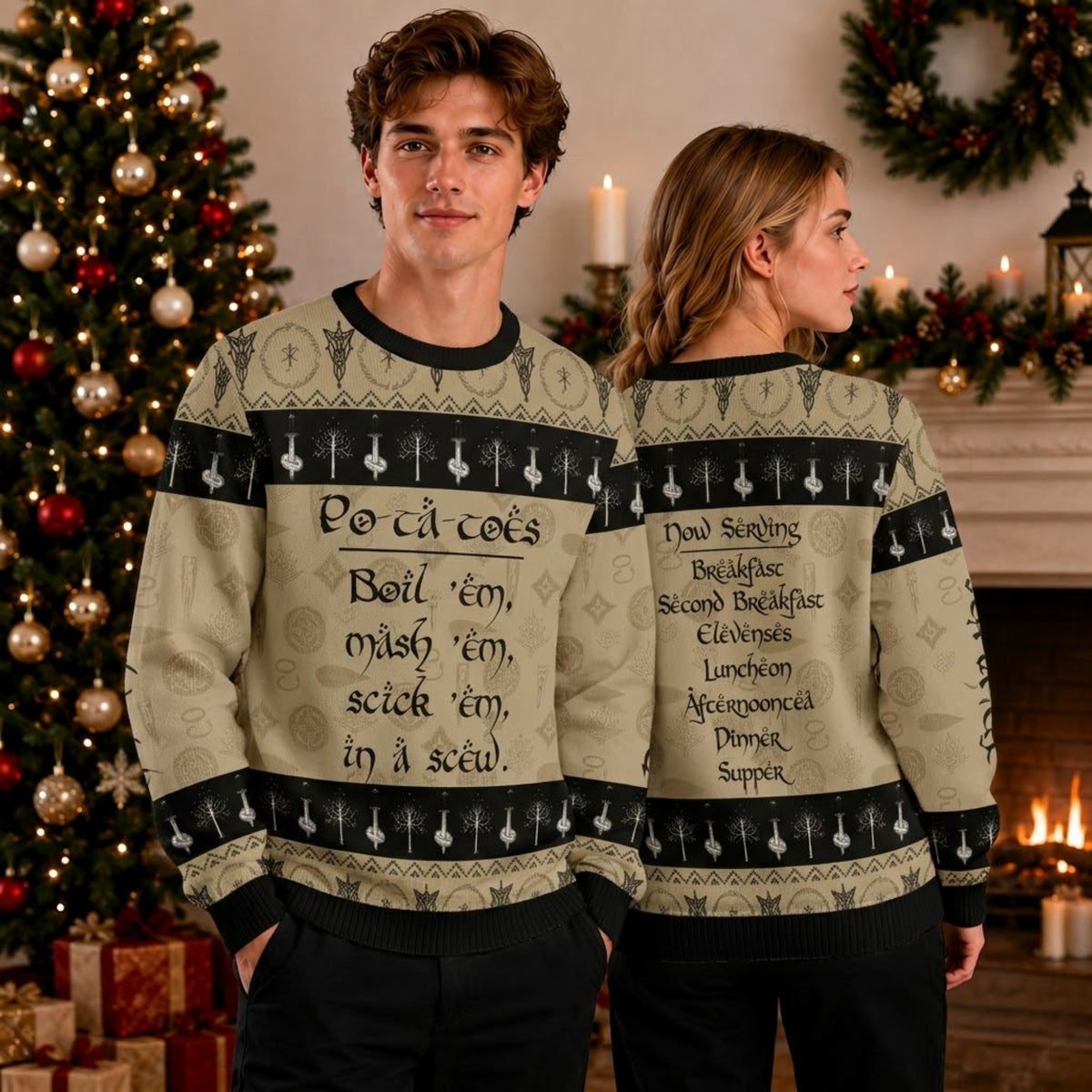 Halfling Second Breakfast Po-Ta-Toes Ugly Christmas Sweater - Fantasy Food Holiday Knit Print