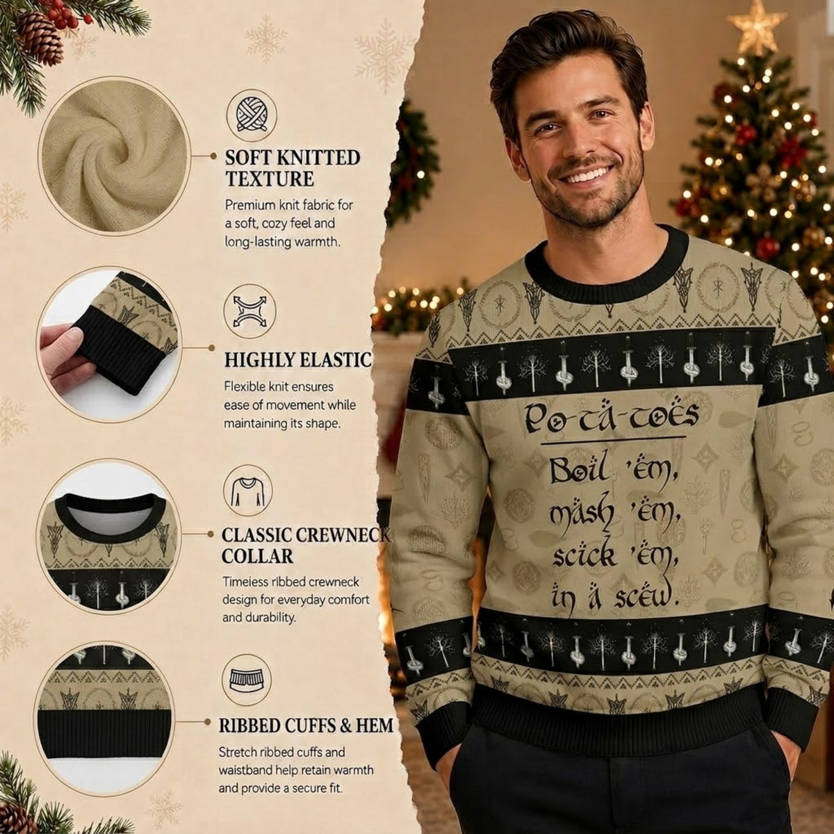 Halfling Second Breakfast Po-Ta-Toes Ugly Christmas Sweater - Fantasy Food Holiday Knit Print