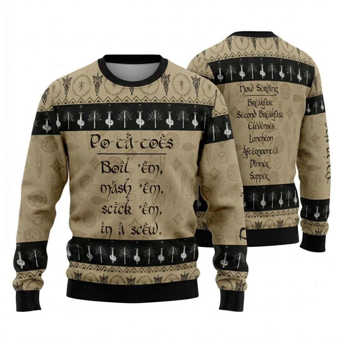 Halfling Second Breakfast Po-Ta-Toes Ugly Christmas Sweater - Fantasy Food Holiday Knit Print