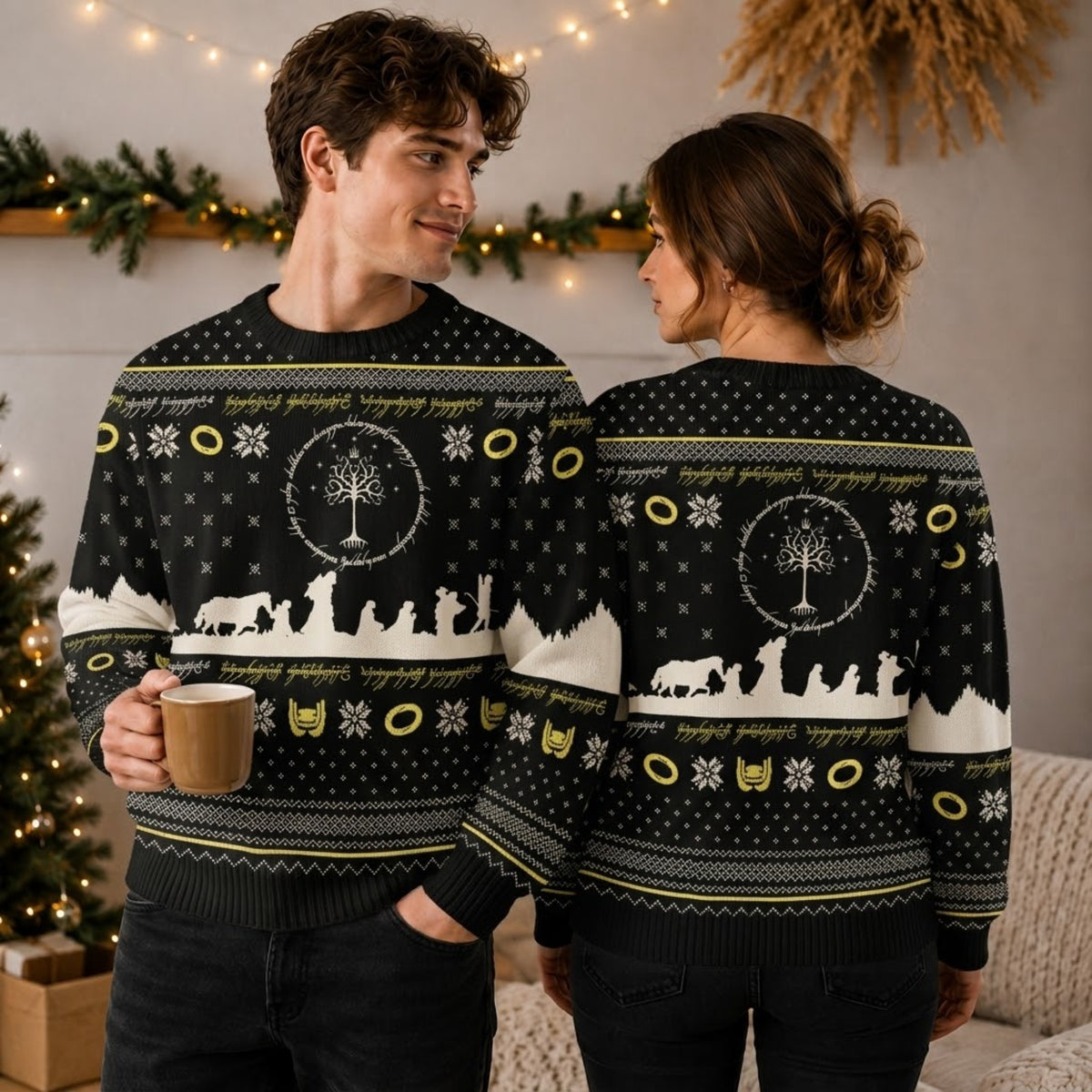 Dark Volcano Mount of Doom Golden Ring Ugly Christmas Sweater - Middle Realm Holiday Knit Print