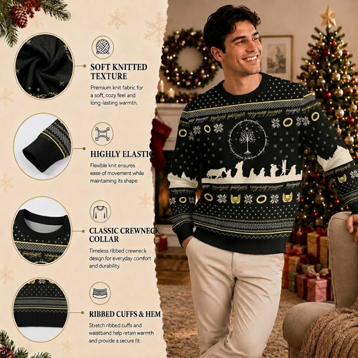 Dark Volcano Mount of Doom Golden Ring Ugly Christmas Sweater - Middle Realm Holiday Knit Print