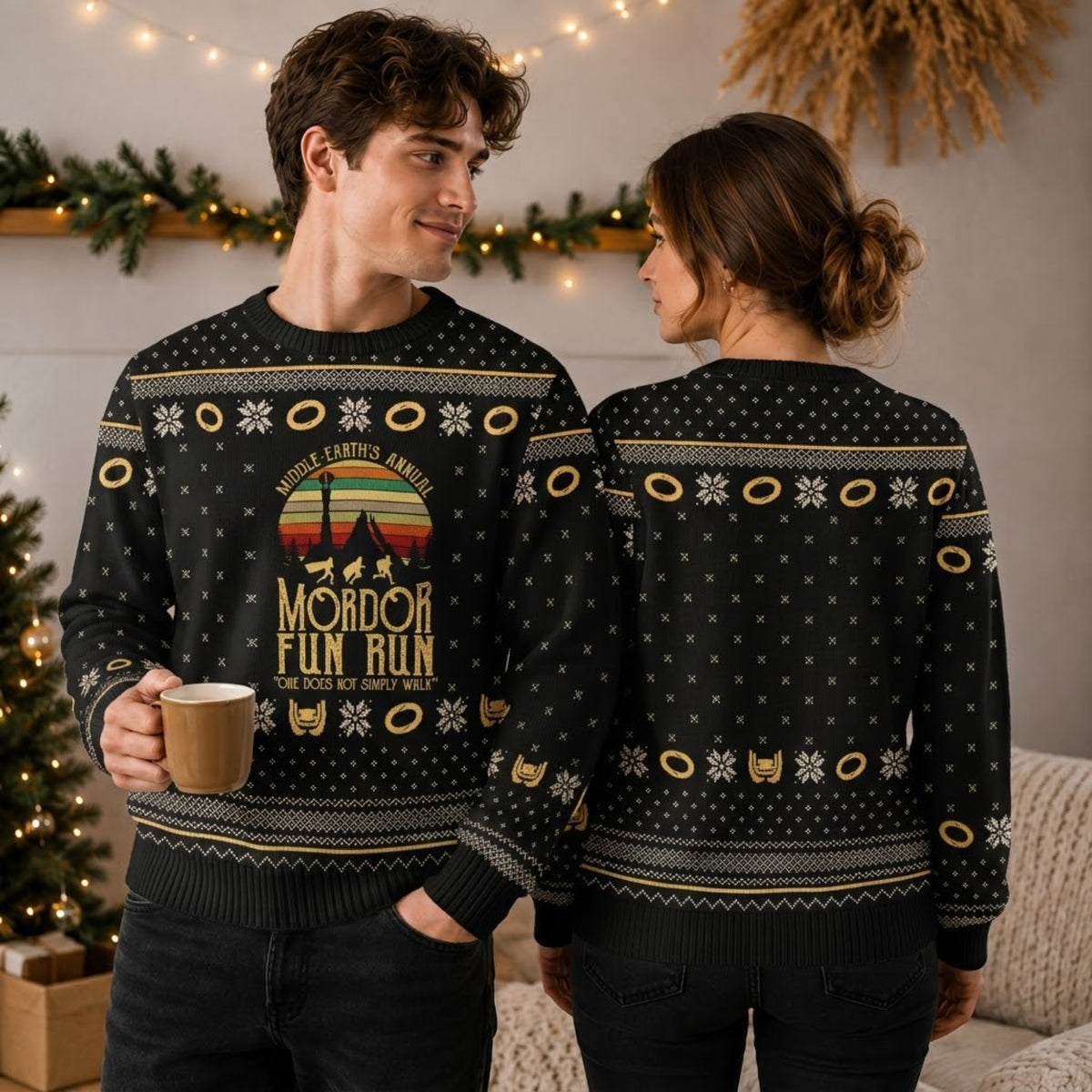 Dark Land Annual 5K Fun Run Ugly Christmas Sweater - Middle Realm Fantasy Holiday Knit Print