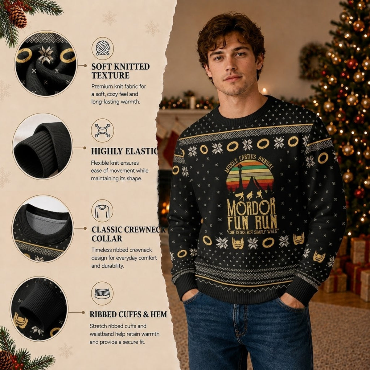 Dark Land Annual 5K Fun Run Ugly Christmas Sweater - Middle Realm Fantasy Holiday Knit Print