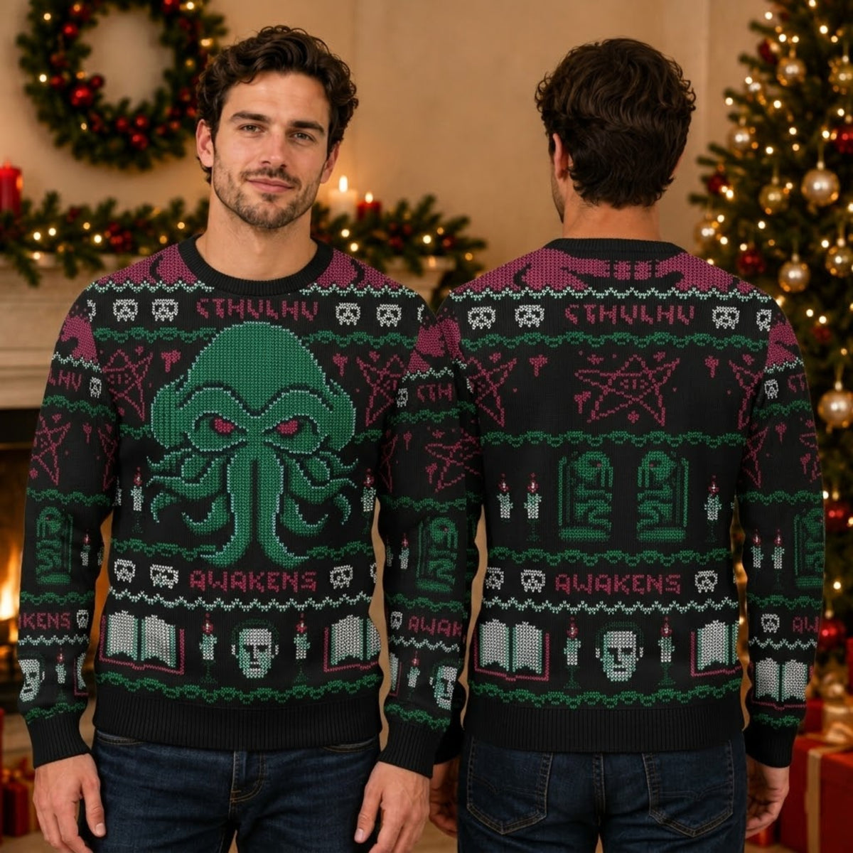 Cthulhu Awakens Ugly Christmas Sweater - Cosmic Horror Holiday Knit Print