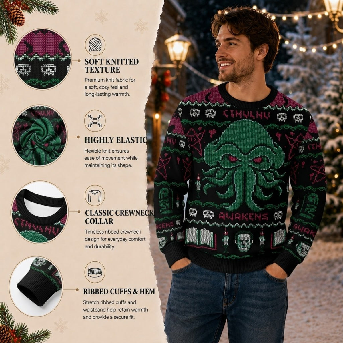 Cthulhu Awakens Ugly Christmas Sweater - Cosmic Horror Holiday Knit Print