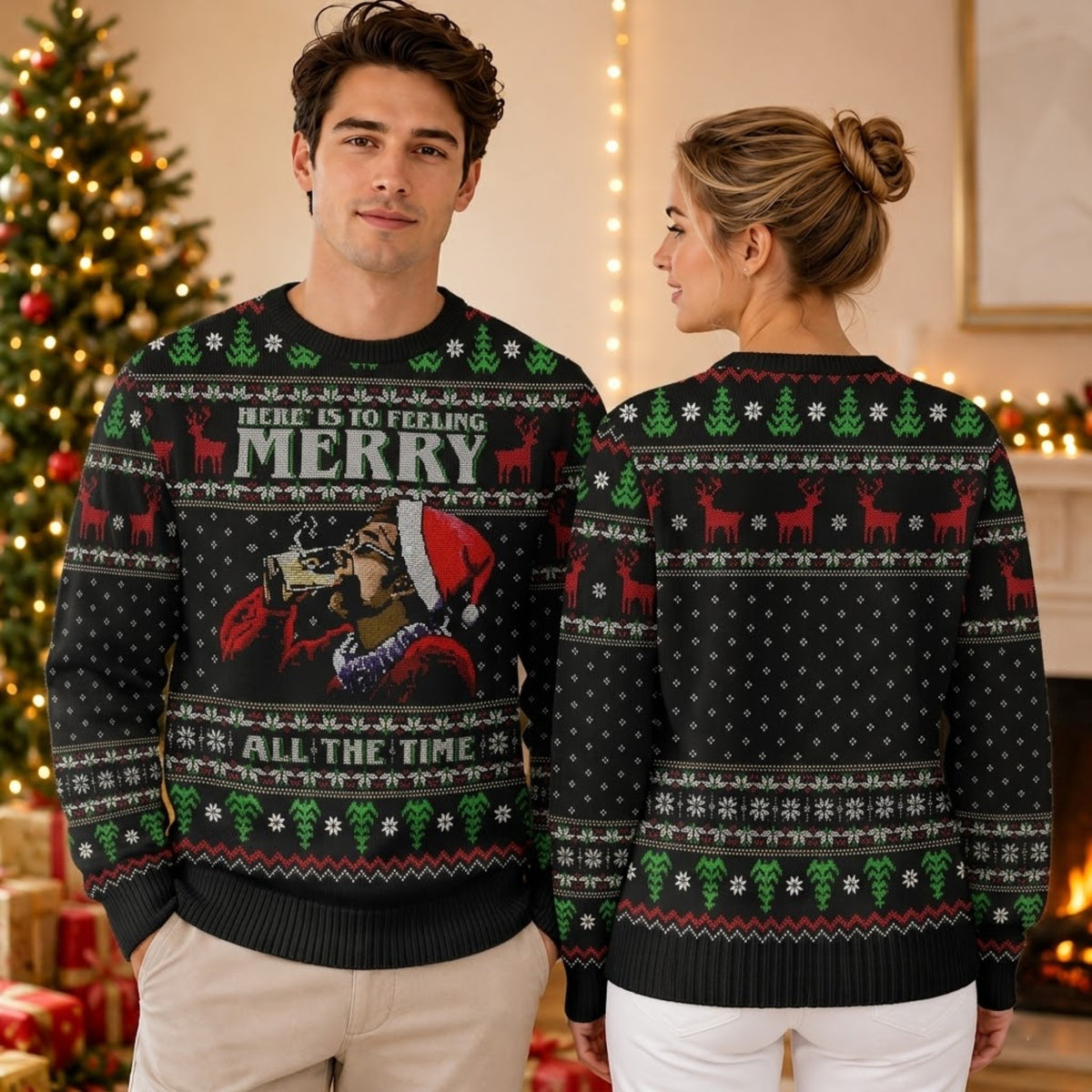 Heres To Feeling Merry All The Time Ugly Christmas Sweater - Festive Holiday Knit Print