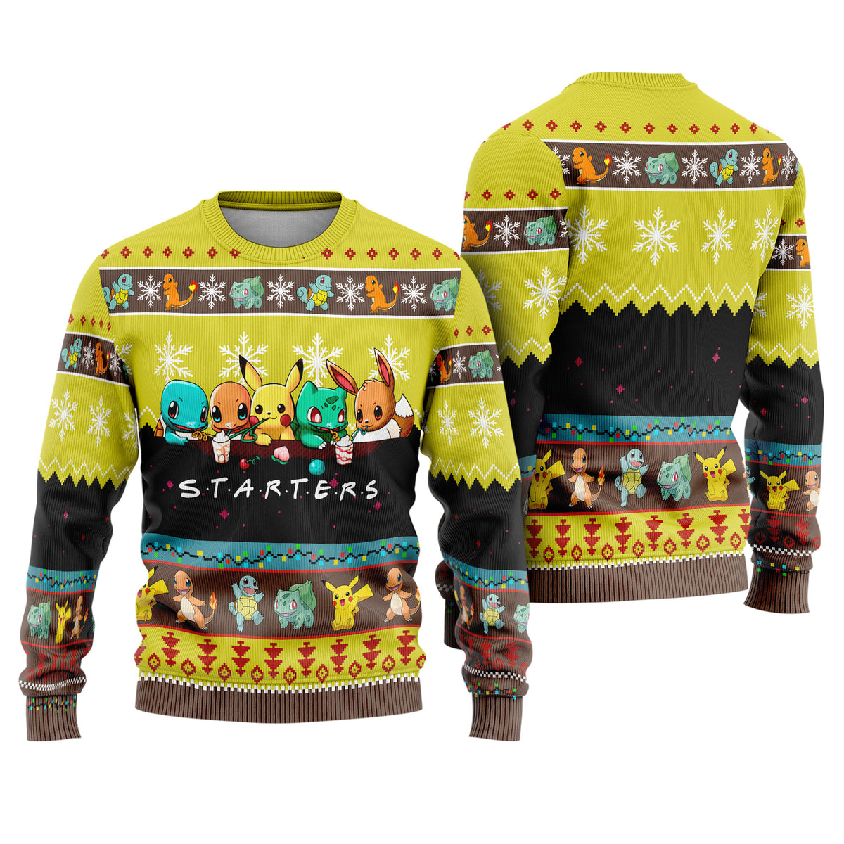 Pocket Creature Starters Trio Ugly Christmas Sweater - Anime Monster Holiday Knit Print