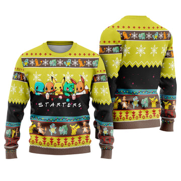 Pocket Creature Starters Trio Ugly Christmas Sweater - Anime Monster Holiday Knit Print