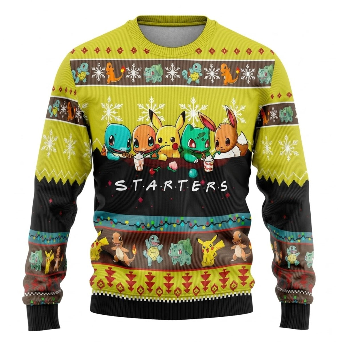Pocket Creature Starters Trio Ugly Christmas Sweater - Anime Monster Holiday Knit Print