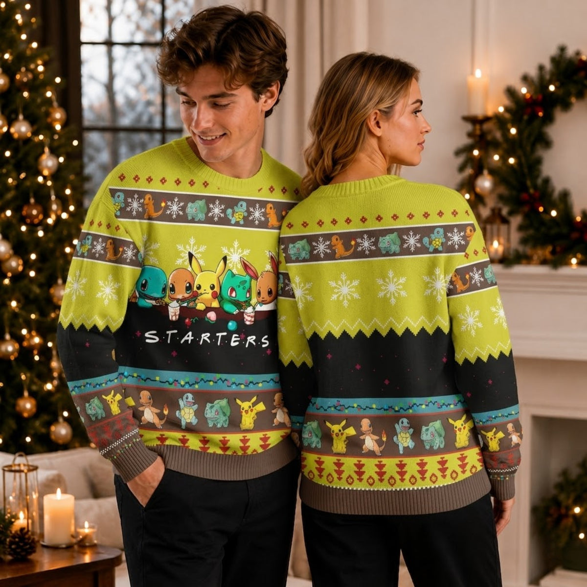 Pocket Creature Starters Trio Ugly Christmas Sweater - Anime Monster Holiday Knit Print