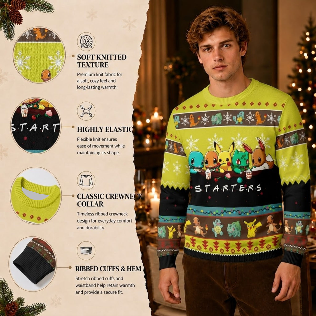 Pocket Creature Starters Trio Ugly Christmas Sweater - Anime Monster Holiday Knit Print