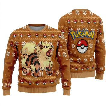 Legendary Fire Canine Beast Ugly Christmas Sweater - Pixel Art Holiday Knit Print