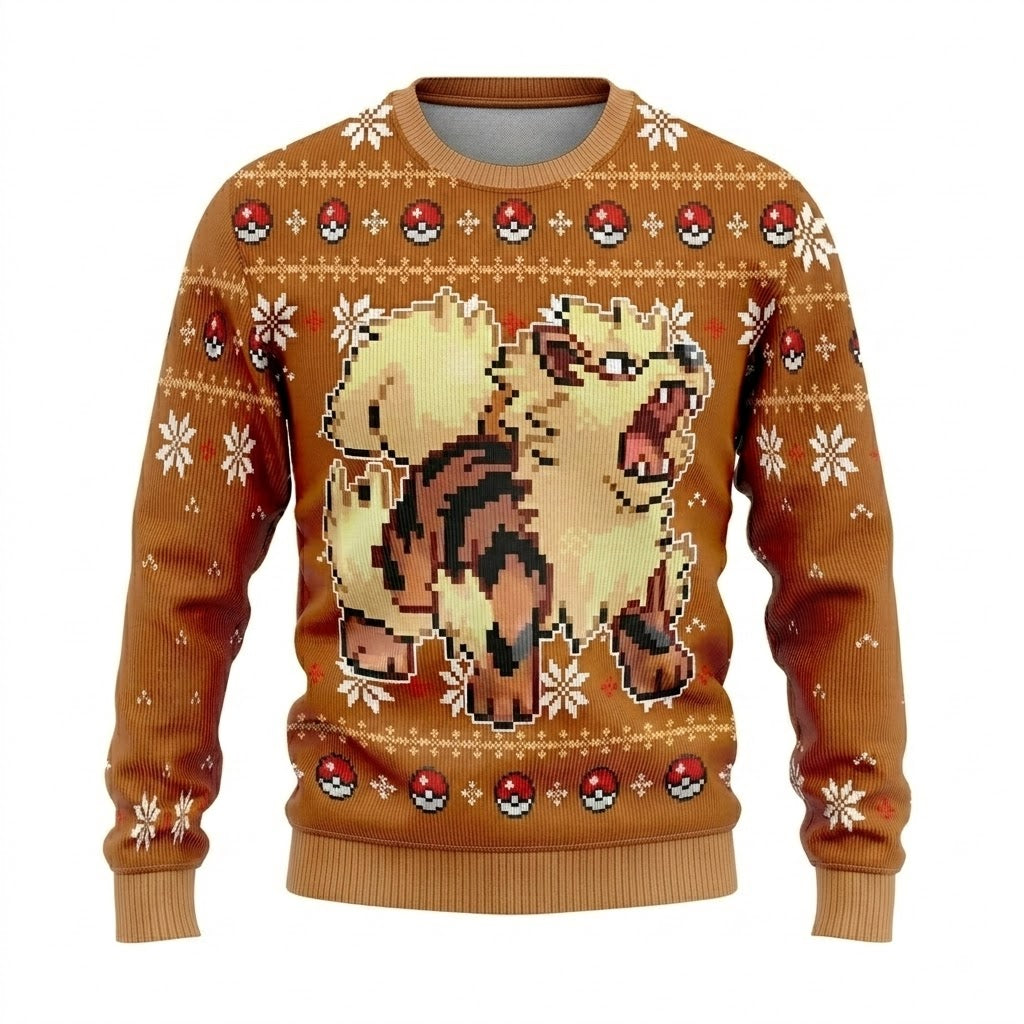 Legendary Fire Canine Beast Ugly Christmas Sweater - Pixel Art Holiday Knit Print