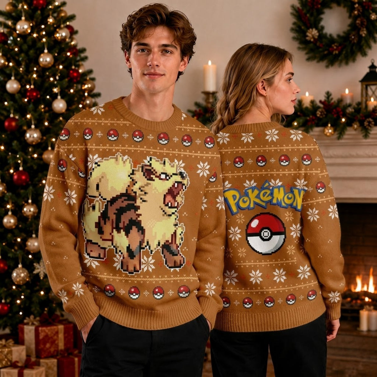 Legendary Fire Canine Beast Ugly Christmas Sweater - Pixel Art Holiday Knit Print