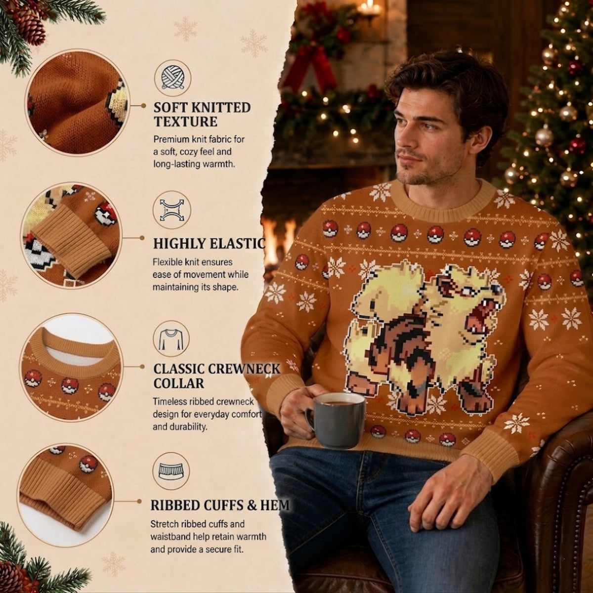 Legendary Fire Canine Beast Ugly Christmas Sweater - Pixel Art Holiday Knit Print