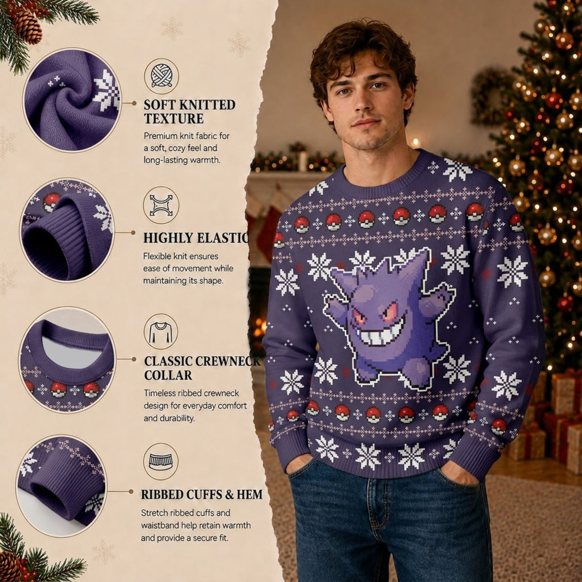 Purple Shadow Mischief Ghost Ugly Christmas Sweater - Pixel Art Holiday Knit Print