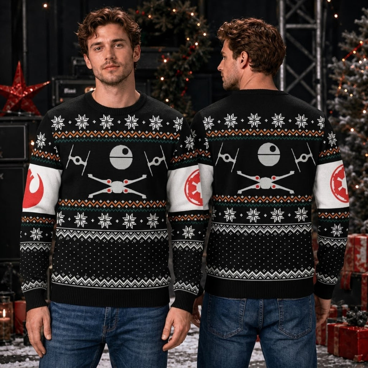 Galactic Dogfight Ugly Christmas Sweater - Deep Space Opera Holiday Knit Print