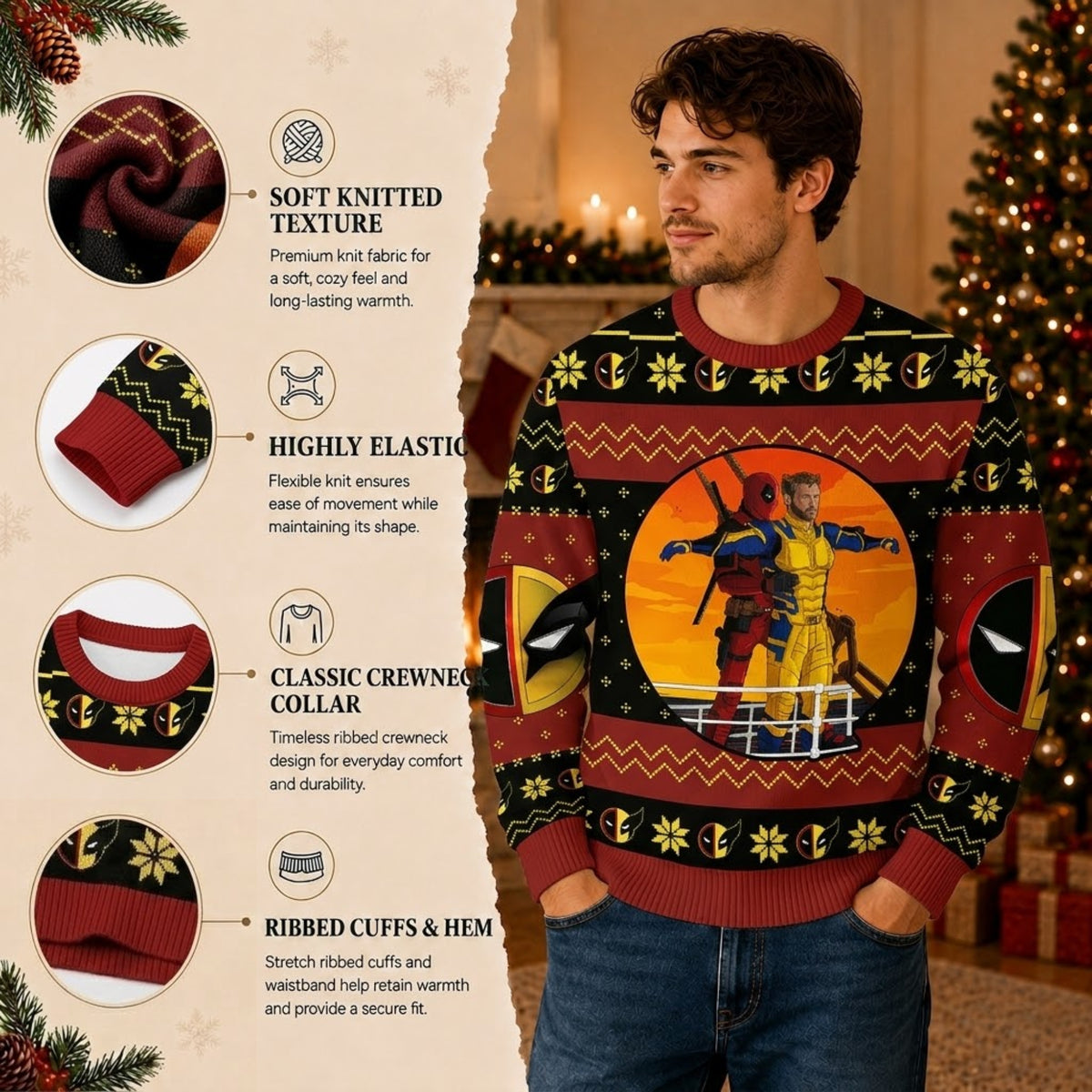 Mercenary and Wild Claw Ugly Christmas Sweater - Superhero Frenemies Holiday Knit Print