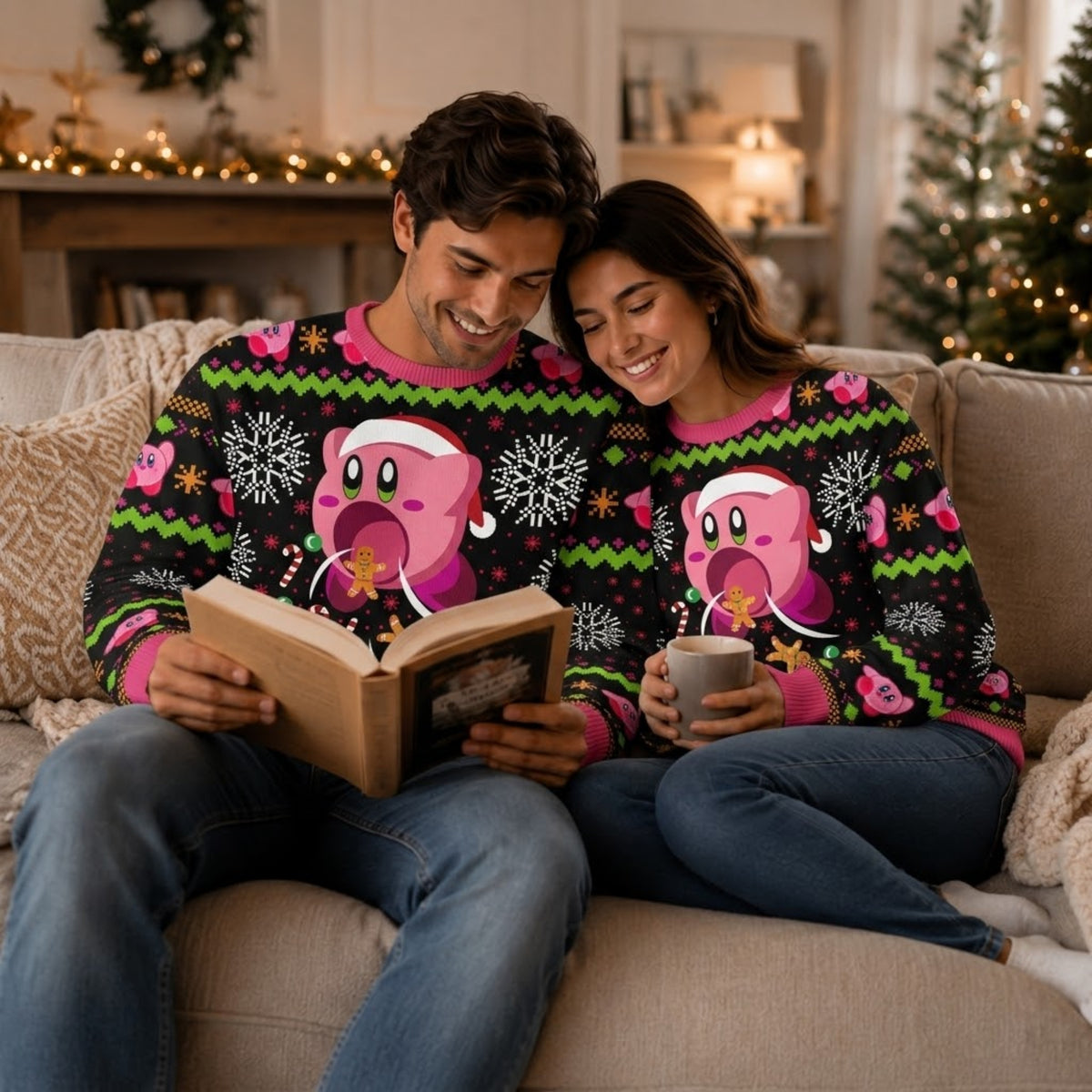 Pink Star Inhaler Dream Realm Hero Ugly Christmas Sweater - Video Game Holiday Knit Print