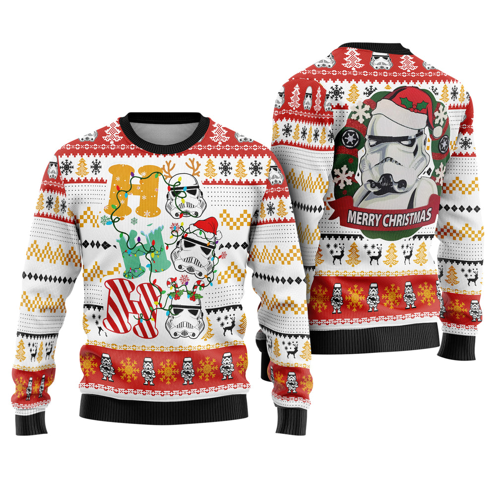 Imperial Galactic Soldier Helmet Ho Ho Ho Ugly Christmas Sweater - Sci-Fi Holiday Knit Print