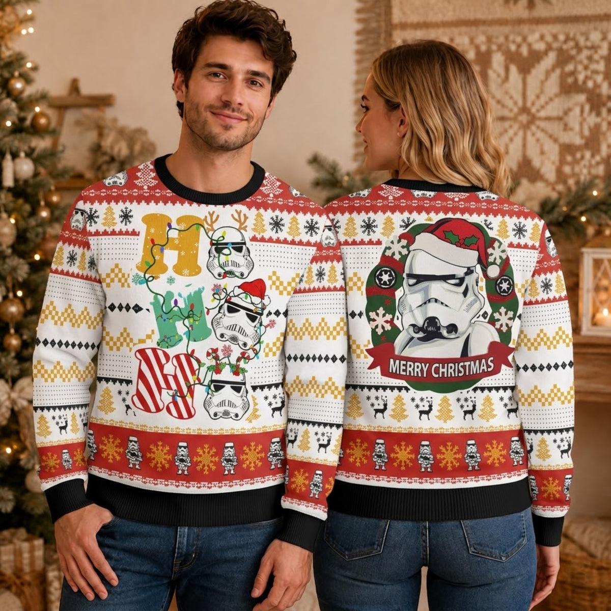 Imperial Galactic Soldier Helmet Ho Ho Ho Ugly Christmas Sweater - Sci-Fi Holiday Knit Print