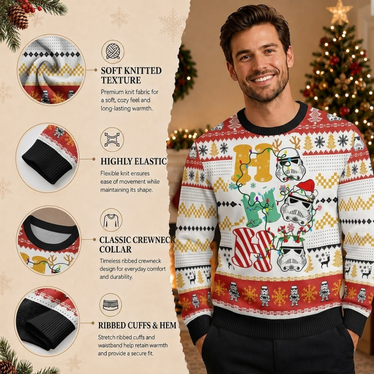 Imperial Galactic Soldier Helmet Ho Ho Ho Ugly Christmas Sweater - Sci-Fi Holiday Knit Print
