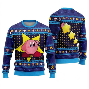 Round Pink Star Hero in Dream Land Ugly Christmas Sweater - Video Game Holiday Knit Print