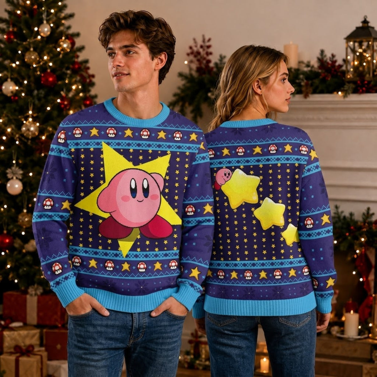 Round Pink Star Hero in Dream Land Ugly Christmas Sweater - Video Game Holiday Knit Print