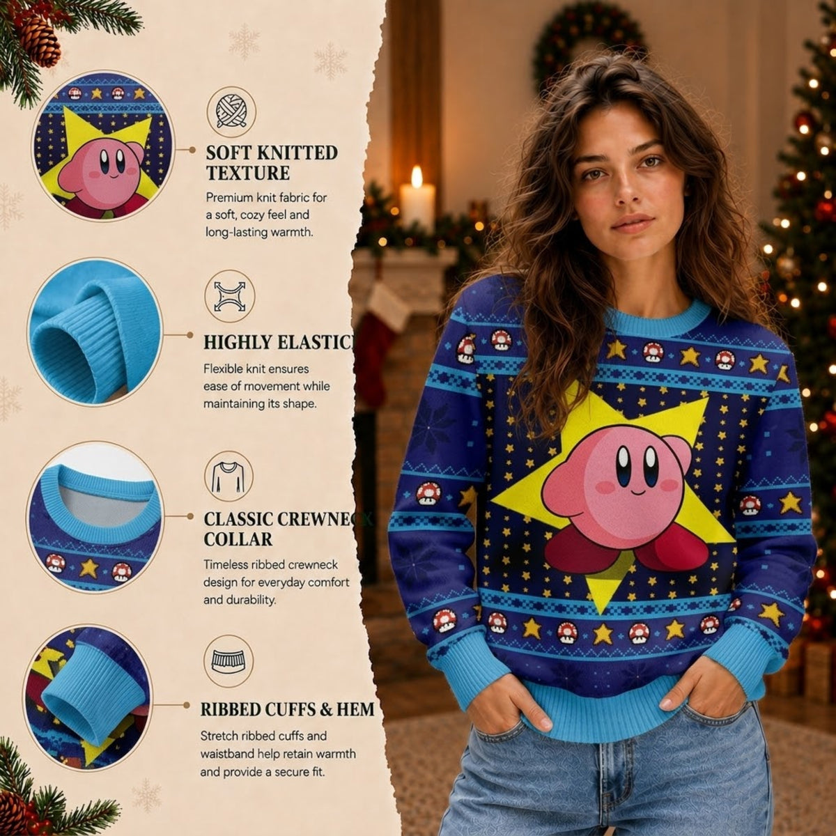 Round Pink Star Hero in Dream Land Ugly Christmas Sweater - Video Game Holiday Knit Print