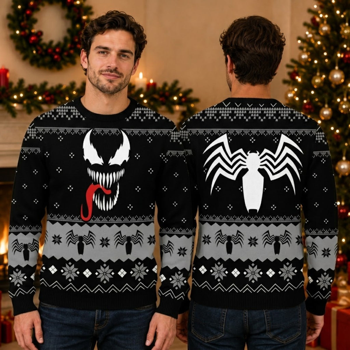 Alien Symbiote Sharp Teeth Antihero Ugly Christmas Sweater - Comic Dark Host Holiday Knit Print