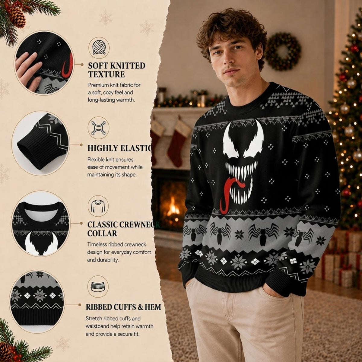 Alien Symbiote Sharp Teeth Antihero Ugly Christmas Sweater - Comic Dark Host Holiday Knit Print