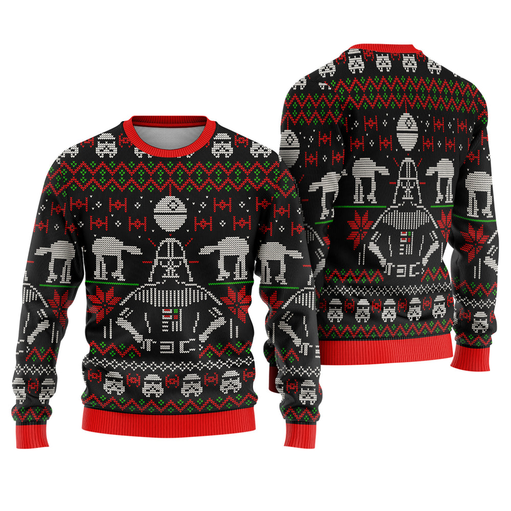 Dark Masked Galactic Overlord Ugly Christmas Sweater - Space Empire Holiday Knit Print