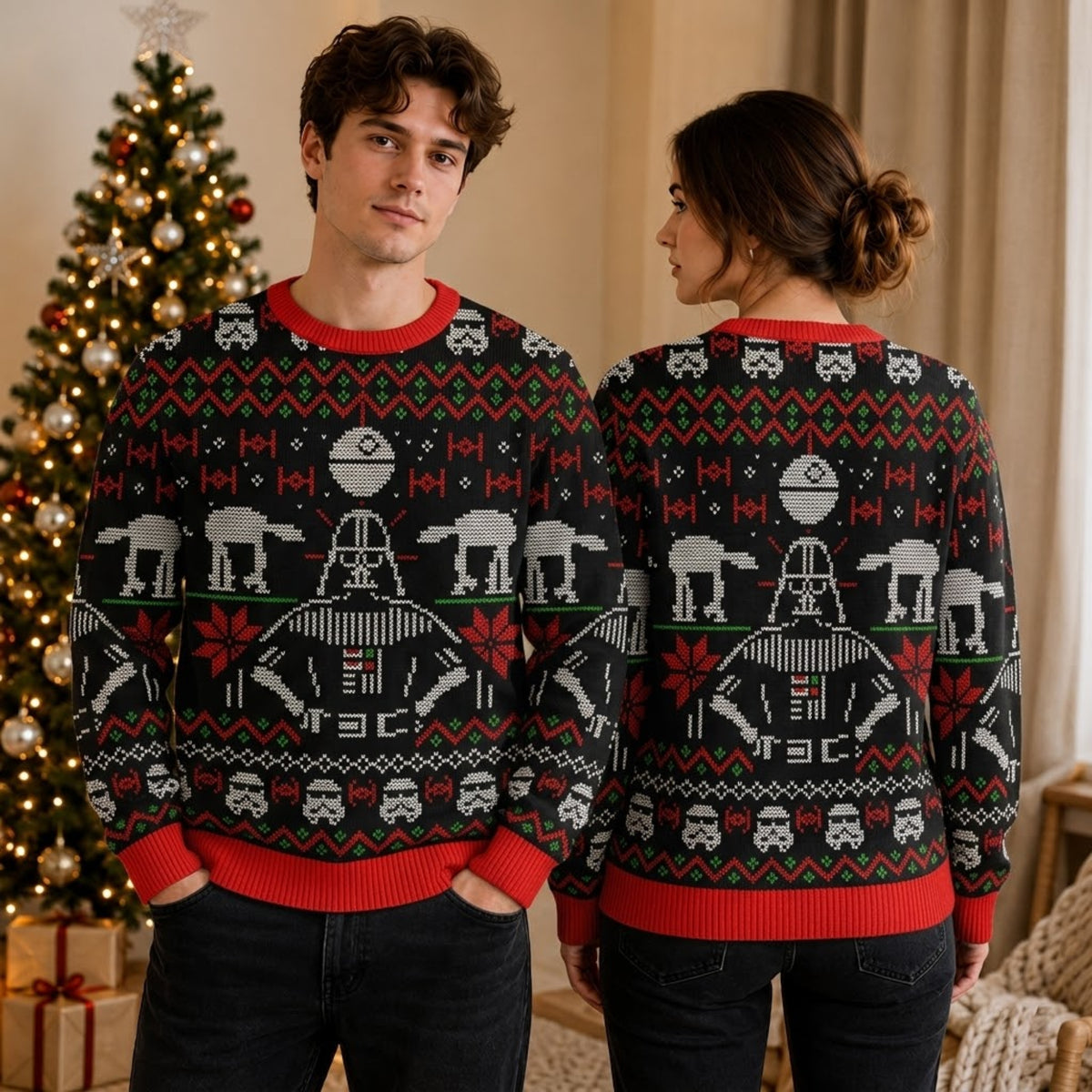Dark Masked Galactic Overlord Ugly Christmas Sweater - Space Empire Holiday Knit Print