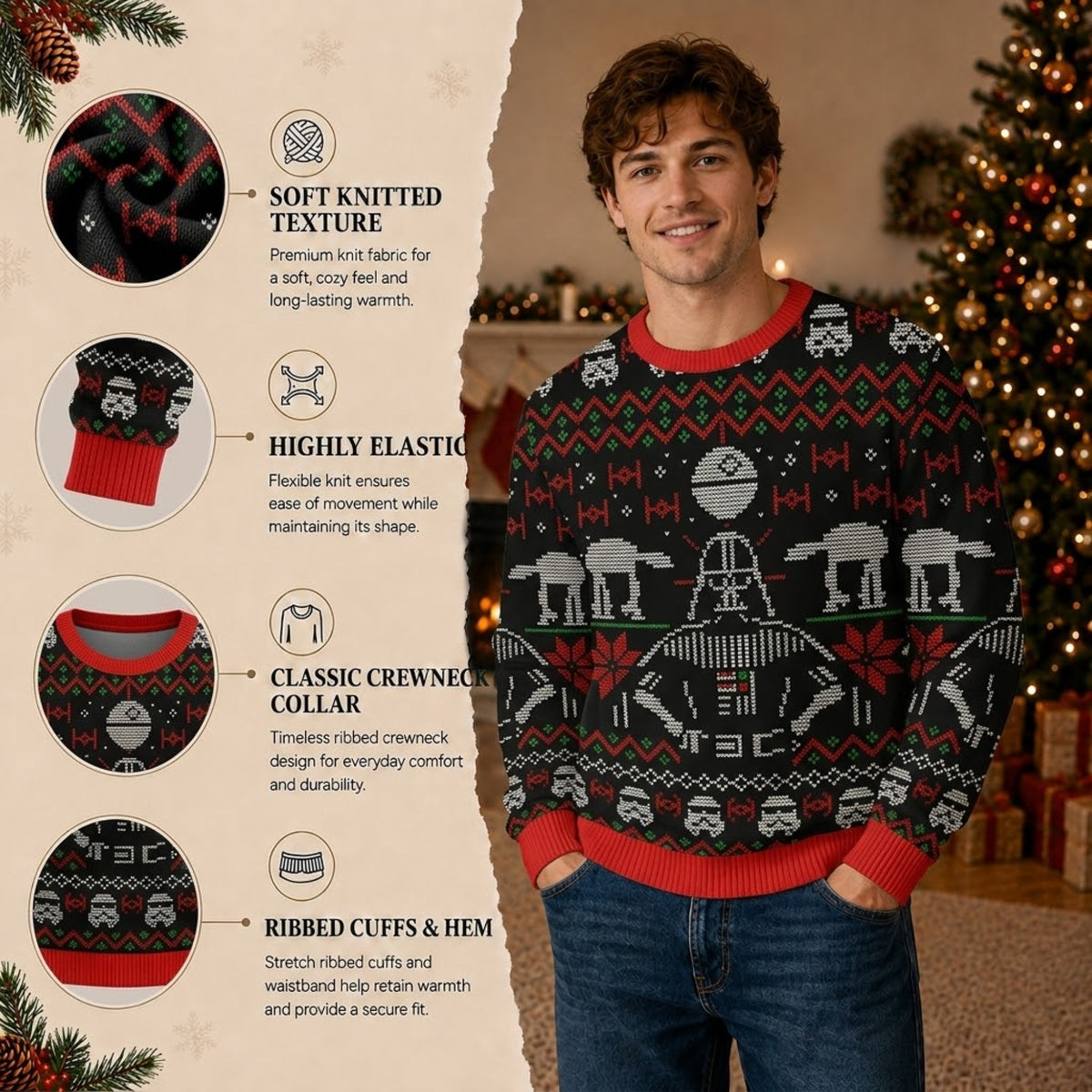 Dark Masked Galactic Overlord Ugly Christmas Sweater - Space Empire Holiday Knit Print