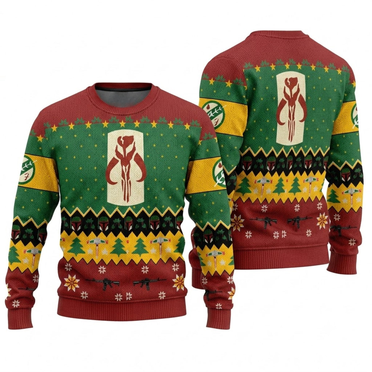 Galaxy Bounty Hunter Armored Helmet Ugly Christmas Sweater - Space Hunter Holiday Knit Print
