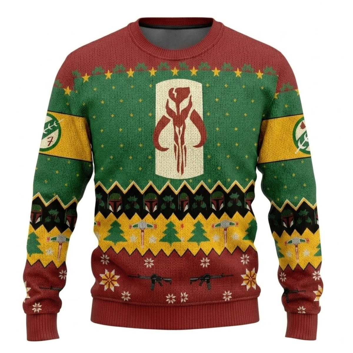 Galaxy Bounty Hunter Armored Helmet Ugly Christmas Sweater - Space Hunter Holiday Knit Print