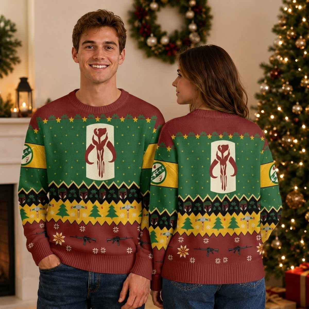 Galaxy Bounty Hunter Armored Helmet Ugly Christmas Sweater - Space Hunter Holiday Knit Print