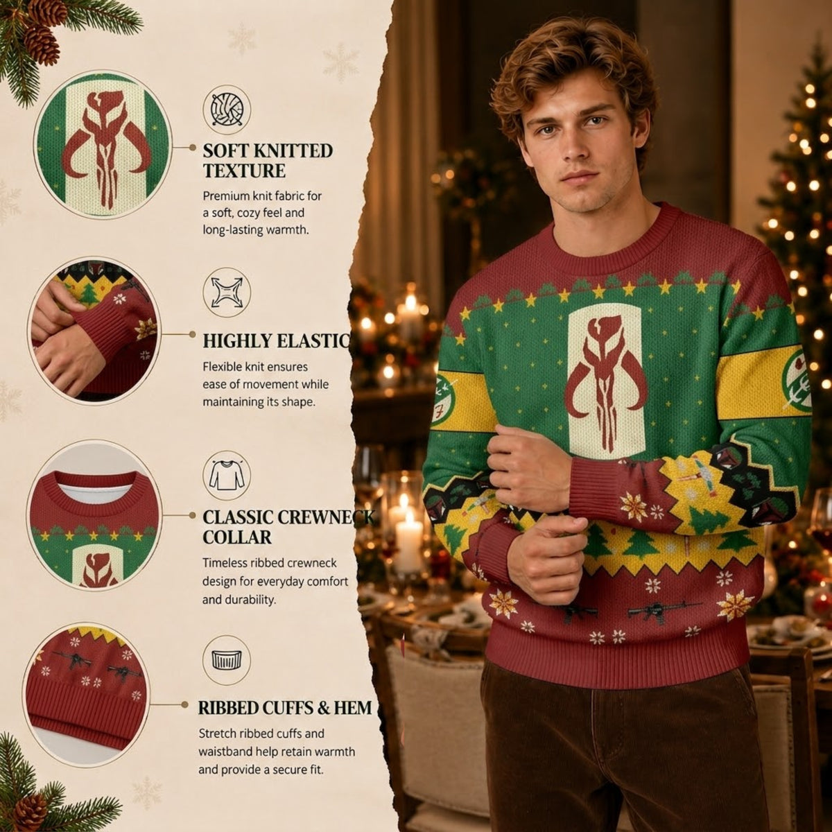 Galaxy Bounty Hunter Armored Helmet Ugly Christmas Sweater - Space Hunter Holiday Knit Print