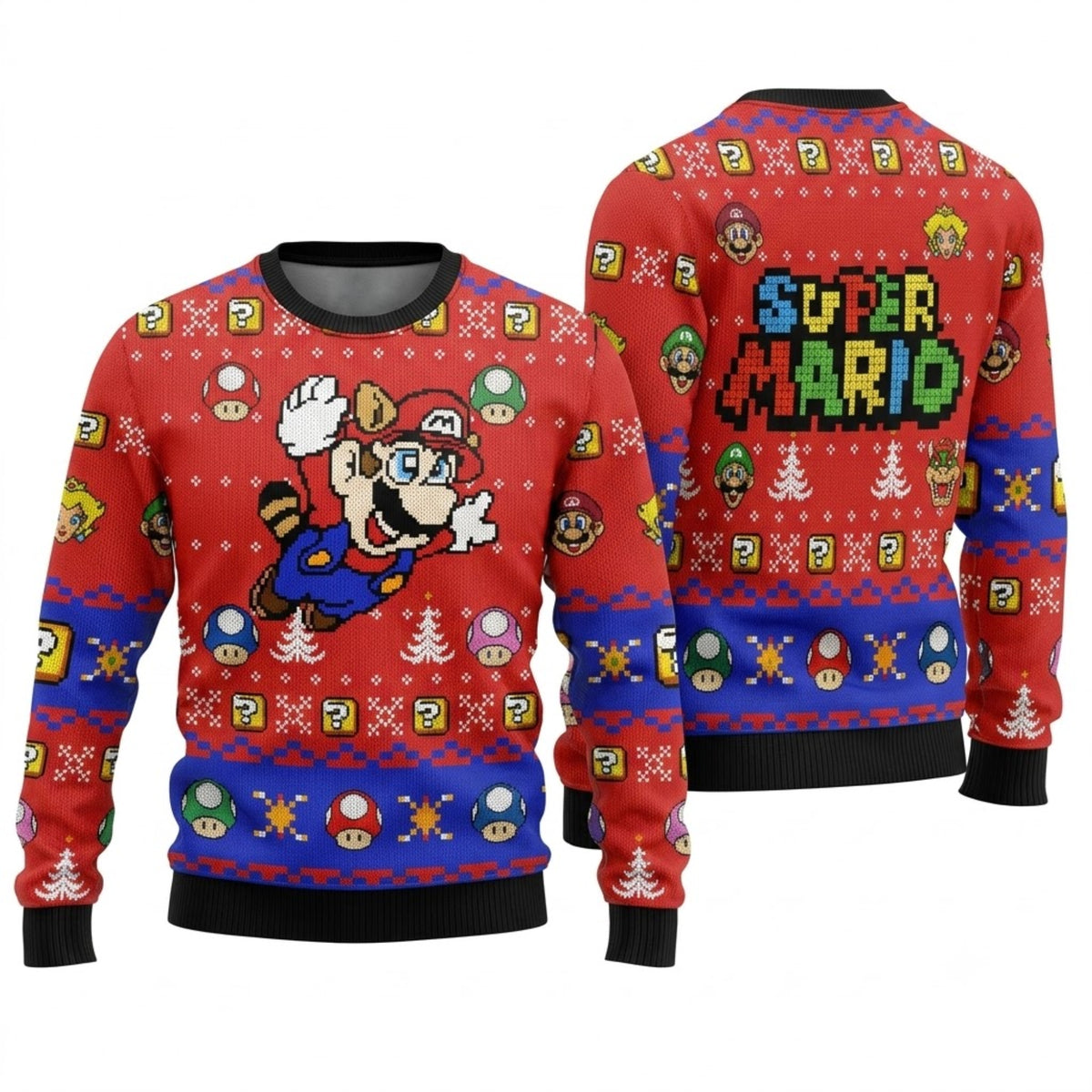 Red Cap Mustache Plumber Ugly Christmas Sweater - Pixel Art Holiday Knit Print