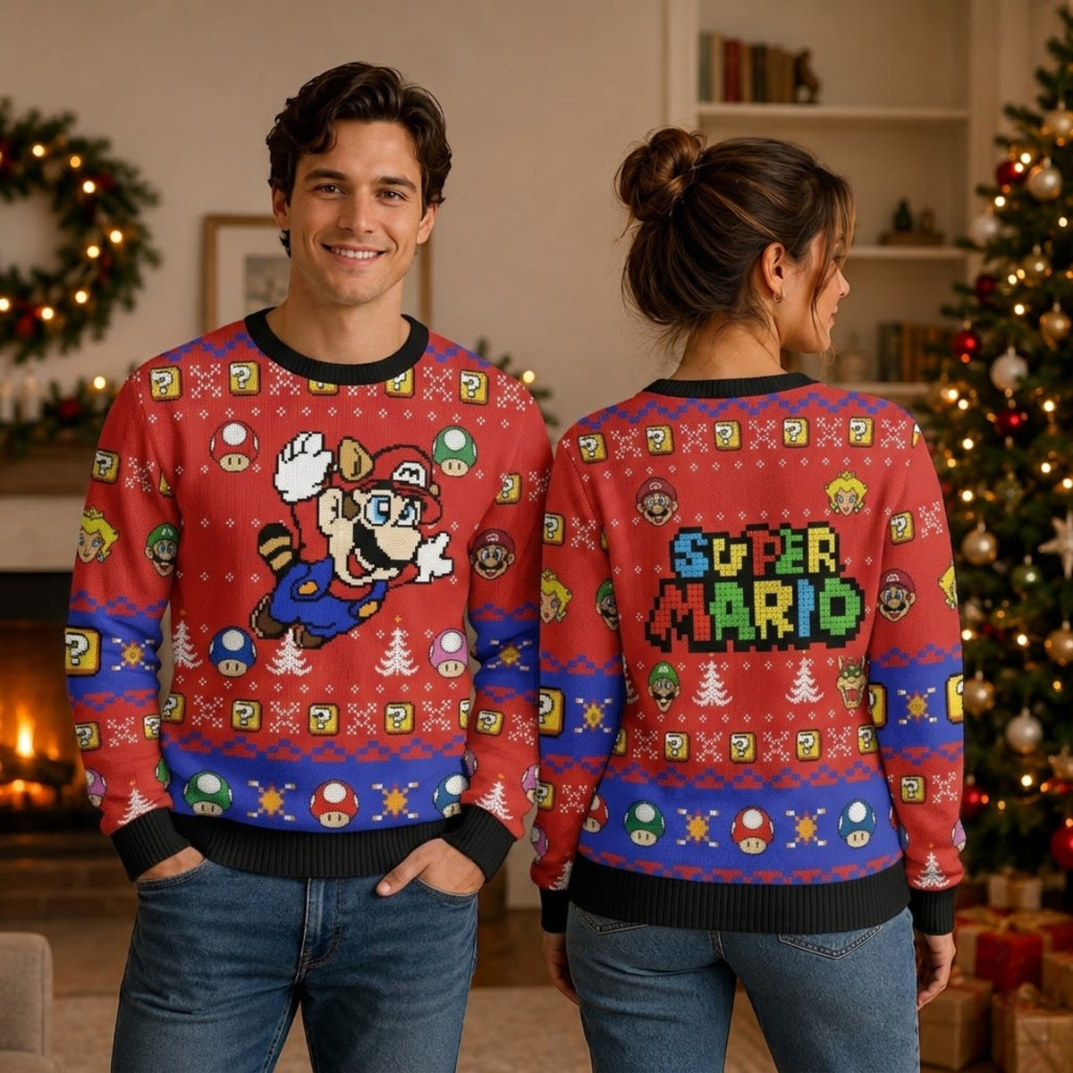 Red Cap Mustache Plumber Ugly Christmas Sweater - Pixel Art Holiday Knit Print