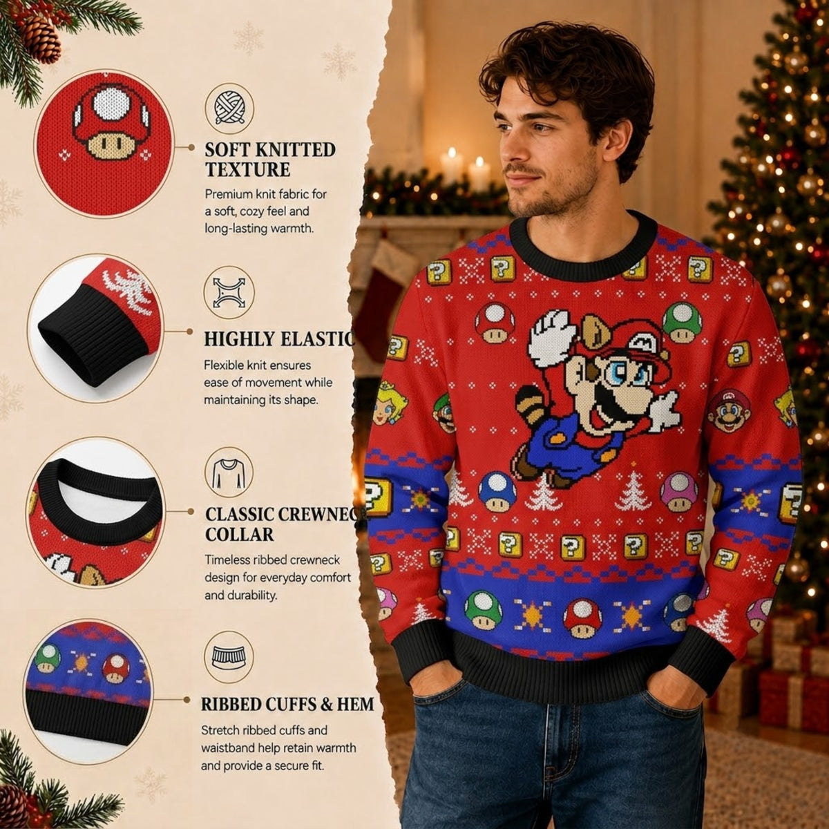 Red Cap Mustache Plumber Ugly Christmas Sweater - Pixel Art Holiday Knit Print