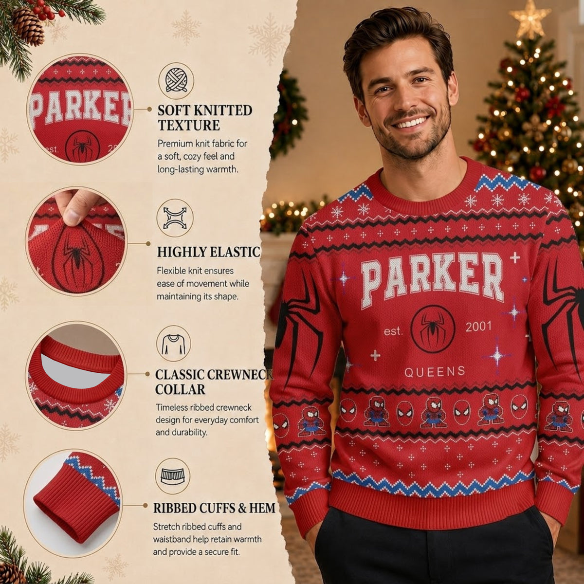Spider Web Wall Crawler Hero Ugly Christmas Sweater - Superhero Holiday Knit Print